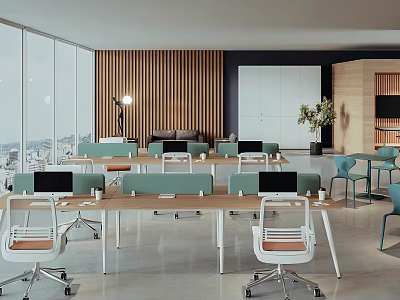 Modern Public Office Space With Open Layout Wooden Walls Large Windows And Ergonomic Chairs 3d model