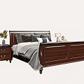 Traditional Wooden Double Bed with Nightstand Lamp Vase Gray Bedding and Pillows