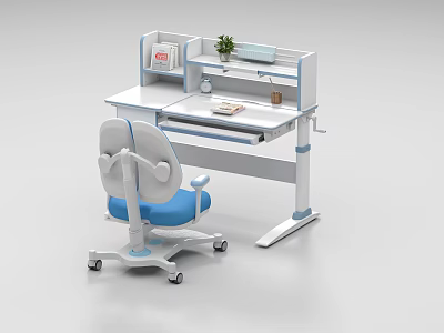 Adjustable Kids Study Desk with Rolling Chair Bookshelf Plant and Books 3d model