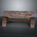 Rustic Wooden Dining Table With Textured Surface And Stone Legs Design 3d model
