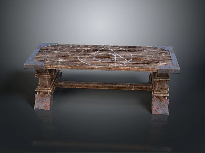Rustic Wooden Dining Table With Textured Surface And Stone Legs Design 3d model