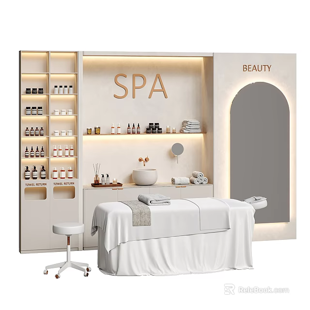 Luxurious SPA Beauty Room with White Massage Bed Skincare Products on Shelves and Soft Lighting 3d model 