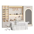 Luxurious SPA Beauty Room with White Massage Bed Skincare Products on Shelves and Soft Lighting