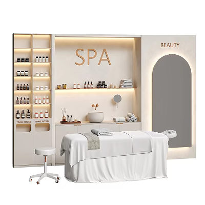 Luxurious SPA Beauty Room with White Massage Bed Skincare Products on Shelves and Soft Lighting 3d model