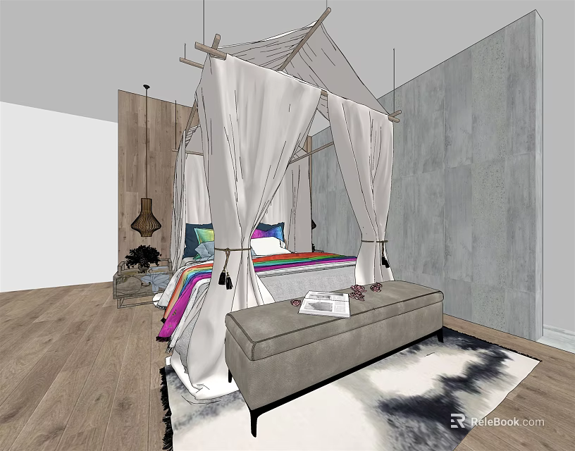 Double Bed with White Canopy Bench Colorful Pillows on Wooden Floor and Gray Wall Background 3d model 