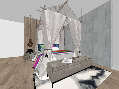 Double Bed with White Canopy Bench Colorful Pillows on Wooden Floor and Gray Wall Background 3d model