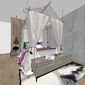 Double Bed with White Canopy Bench Colorful Pillows on Wooden Floor and Gray Wall Background