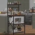 Kitchen Storage Rack with Microwave Spices Dishes and Plant in Modern Kitchen