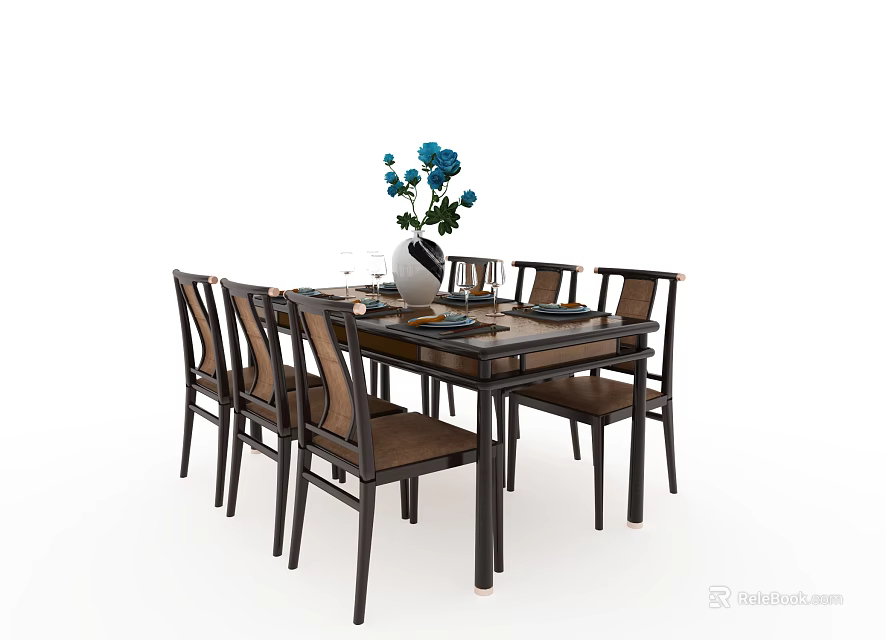Modern Dining Table Set With Six Chairs Blue Flowers In Vase And Tableware 3d model