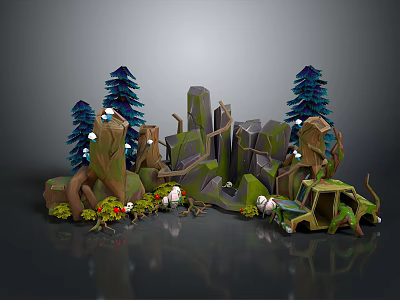 Lush Forest Scene With Rock Formations Pine Trees Glowing Mushrooms And Abandoned Car 3d model