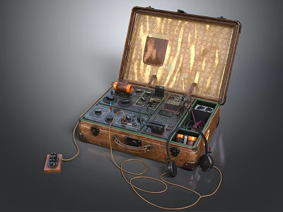 Vintage Suitcase Style Television with Electronic Components Headphones and Connecting Wires 3d model