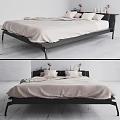 Modern Double Bed with Black Headboard White Pillows Beige Bedding in Wooden Floor Interior