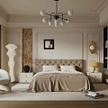 Elegant Bedroom Interior With Beige Bed Chandelier Bedside Tables And Decorative Painting