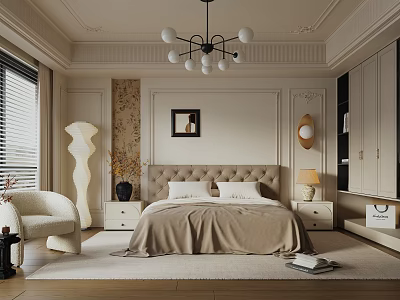 Elegant Bedroom Interior With Beige Bed Chandelier Bedside Tables And Decorative Painting 3d model