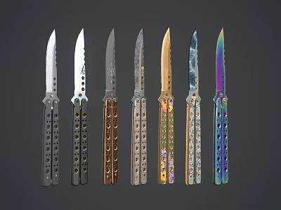Assorted Balisong Knives With Colorful Handles And Unique Designs 3d model