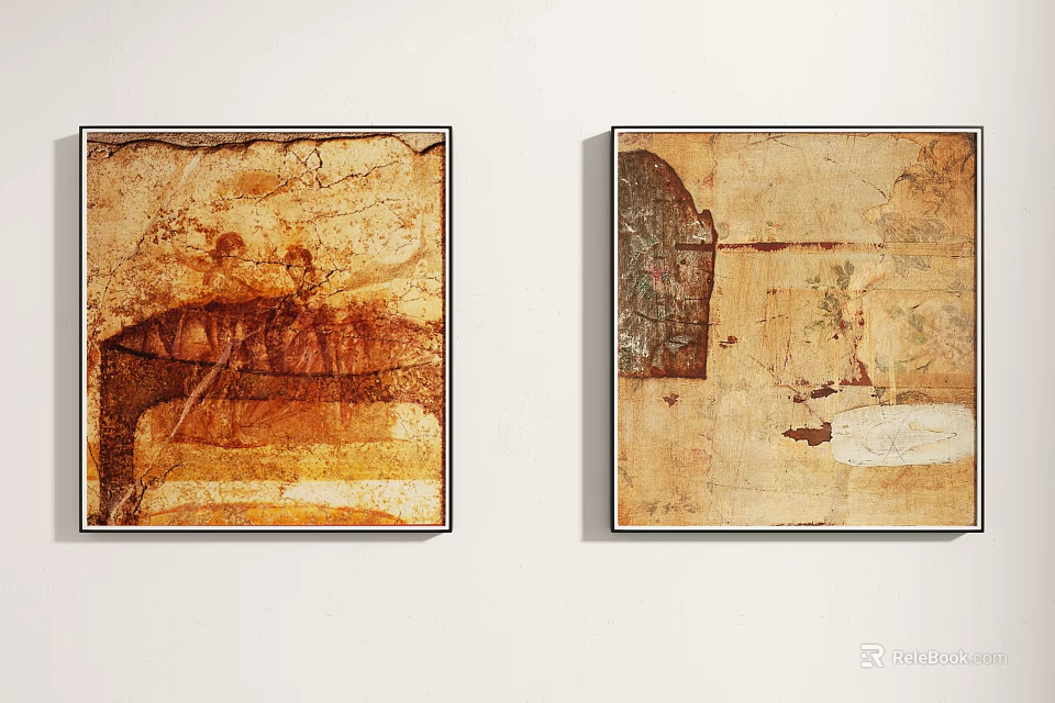 Two Abstract Vintage Texture Decorative Paintings Hanging On Wall With Black Frames 3d model
