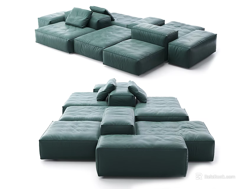 Green Modular Sectional Sofa with Plush Cushions and Versatile Combinable Layout 3d model