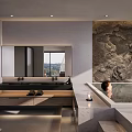 Modern Hotel Room Interior With Open Design Large Windows City View Bed Sofa And Chairs