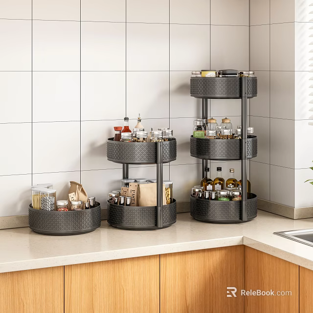 Three Tier Black Rotating Storage Racks On Kitchen Countertop For Organizing Spice Jars And Bottles 3d model 