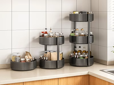 Three Tier Black Rotating Storage Racks On Kitchen Countertop For Organizing Spice Jars And Bottles 3d model