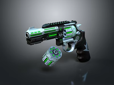 Futuristic Modern Revolver With Green White Decorative Accents And Ergonomic Grip Design 3d model