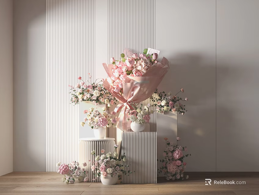 Pink Flowers In Vase Decorative Arrangement With White Striped Wall And Wooden Floor 3d model 