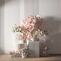 Pink Flowers In Vase Decorative Arrangement With White Striped Wall And Wooden Floor