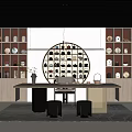 Modern Tea Room Interior Design With Wooden Shelves Tea Sets Circular Display And Stools