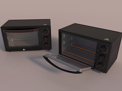Two Black Kitchen Ovens With Open And Closed Doors And Control Knobs 3d model