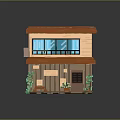 Two Story Brick Building Model with Brown Roof Beige Walls Green Plants Door and Windows
