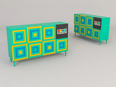 Turquoise Entryway Cabinet and Side Cabinet with Yellow Blue Square Patterns and Black Panels 3d model