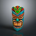 Hand Carved Turquoise Tribal Mask As Decorative Household Item With Intricate Details