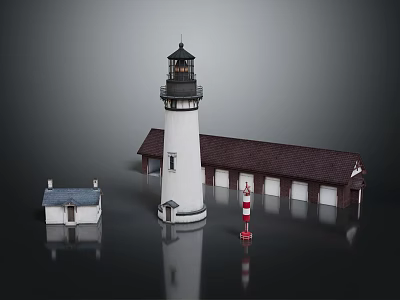 Residential Building Near Lighthouse with Adjacent Structure Red White Pillar and Reflection 3d model