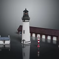 Residential Building Near Lighthouse with Adjacent Structure Red White Pillar and Reflection 3d model