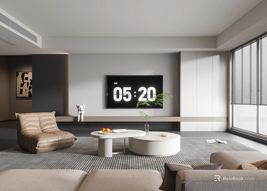 Modern Minimalist Living Room Interior With Large TV Sofa Round Coffee Tables And Plant 3d model 