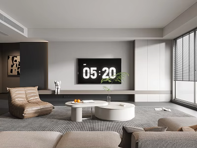Modern Minimalist Living Room Interior With Large TV Sofa Round Coffee Tables And Plant 3d model