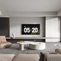 Modern Minimalist Living Room Interior With Large TV Sofa Round Coffee Tables And Plant