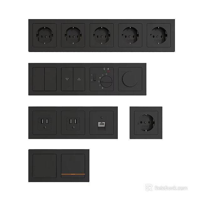 Black Electrical Socket And Switch Panels With Multiple Sockets USB Ports And Controls 3d model 