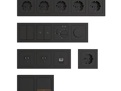 Black Electrical Socket And Switch Panels With Multiple Sockets USB Ports And Controls 3d model