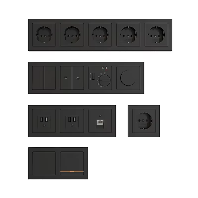 Black Electrical Socket And Switch Panels With Multiple Sockets USB Ports And Controls 3d model
