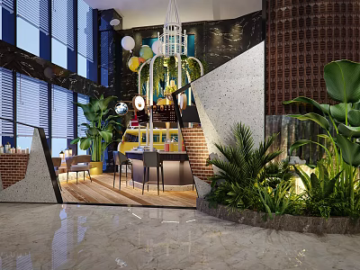 Modern Café Interior With Green Plants Chandelier Staircase Brick Wall Tables And Chairs 3d model
