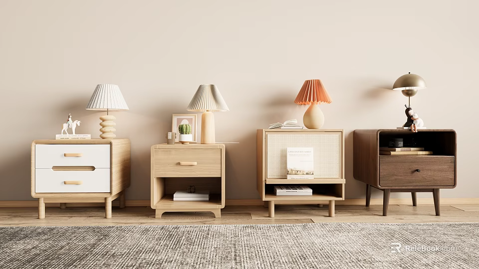 Various Styles Of Modern Bedside Tables With Lamps Books And Decorative Items 3d model 
