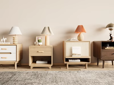 Various Styles Of Modern Bedside Tables With Lamps Books And Decorative Items 3d model