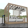 Stylish Outdoor Sofa With Cushions Under Wooden Pergola In Garden Patio With Green Plants