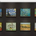 Van Gogh Oil Paintings Framed Artworks on Dark Wall with Starry Night Sunflowers and Landscapes