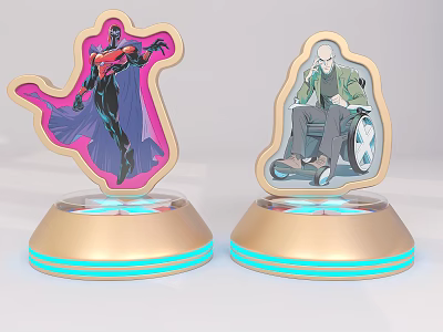 Cartoon Character Display Stands With Golden Bases Blue Glowing Stripes Featuring Superhero And Elderly Figures 3d model