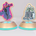Cartoon Character Display Stands With Golden Bases Blue Glowing Stripes Featuring Superhero And Elderly Figures