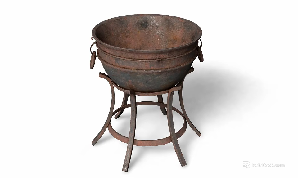 Rustic Cast Iron Kitchen Pot With Handles On Metal Stand 3d model 