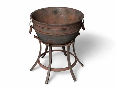 Rustic Cast Iron Kitchen Pot With Handles On Metal Stand 3d model