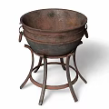 Rustic Cast Iron Kitchen Pot With Handles On Metal Stand 3d model